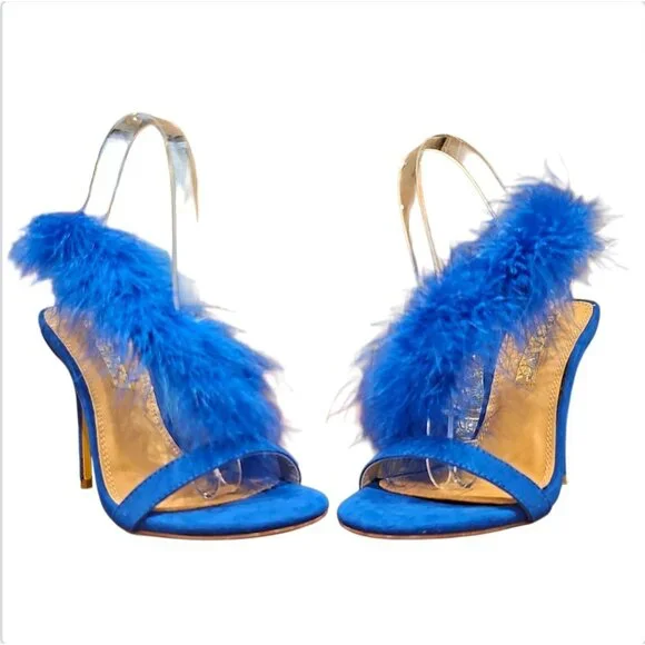 Blue Feather High Heel Slingback Open Toe Sandals - Picture 5 of 8